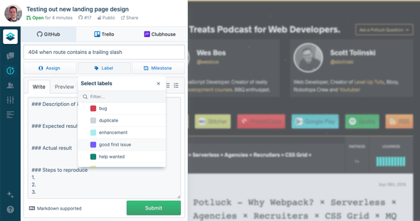 File tickets to third-party integrations like GitHub Issues, Trello, and Clubhouse