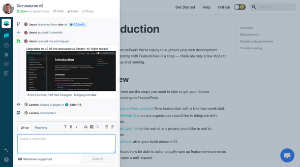 FeaturePeek drawer shows a timeline of comments, views, and more